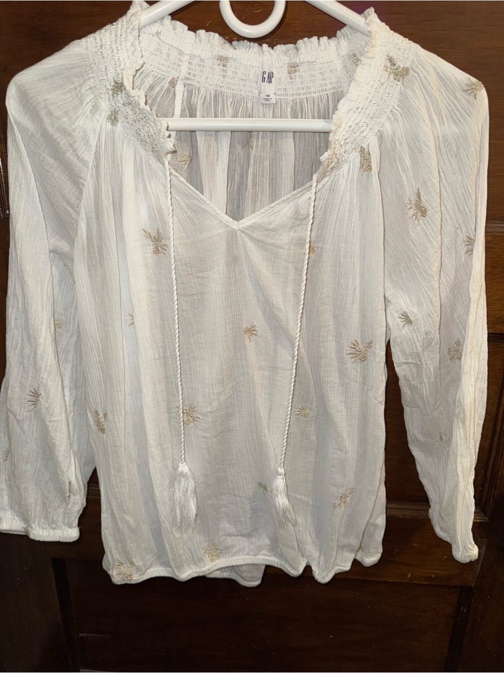 GAP White Peasant Blouse with Gold Embroidery